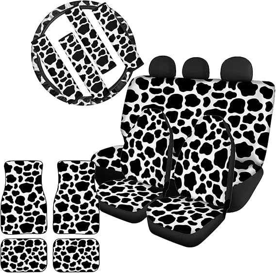 WELLFLYHOM Black White Cow Print Car Interior Seat Cover