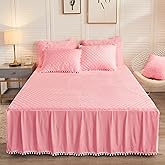 LIFEREVO Luxury Pom Poms Velvet Bed Skirt, Velvet Wrap Around Bed Skirt, Diamond Quilted Fitted Bed Sheet with Bedskirt, 18 I