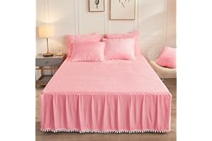 LIFEREVO Luxury Pom Poms Velvet Bed Skirt, Velvet Wrap Around Bed Skirt, Diamond Quilted Fitted Bed Sheet with Bedskirt, 18 Inch Drop Dust Ruffle Decorative Bed Skirt Pompoms Fringe(Full/Queen, Pink)