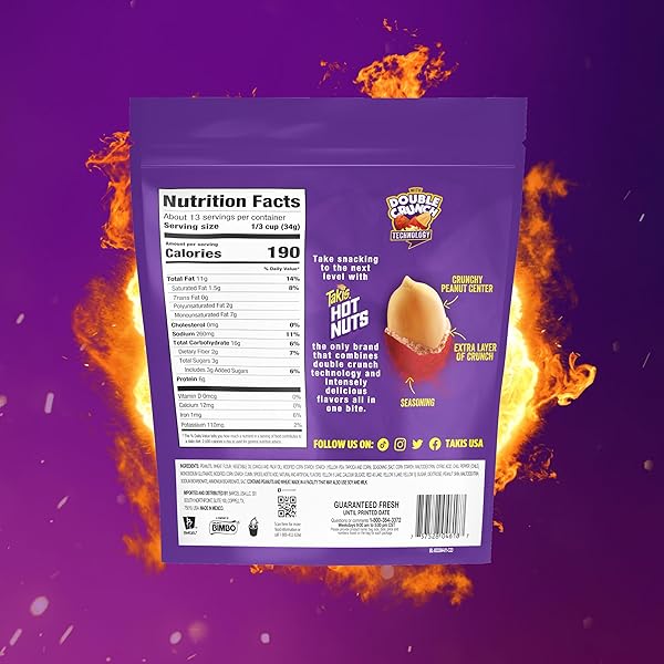 TAKIS CHILE LIMON HOT NUTS 15.02 OZ SHARING SIZE RESEALABLE BAG, CHILI PEPPER & LIME FLAVORED MILD SPICY DOUBLE-CRUNCH PEANUTS