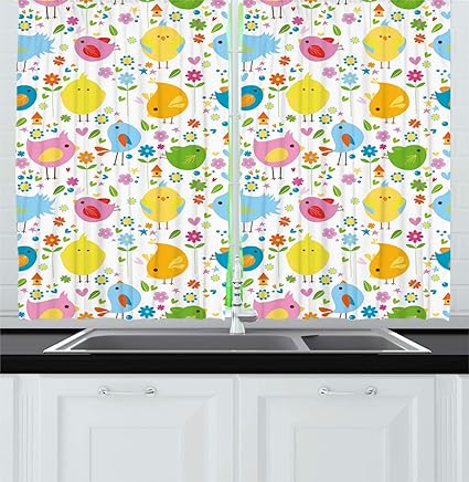 Colorful Cute Fower Pattern Kitchen Window Curtains ambesonne birds kitchen curtains colorful cute spring birds with flowers artwork for children nature design