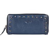 VILENCA HOLLAND Vintage Genuine Italian Leather Boho Studded Wallet – Zipper Coin Purse & Credit Card Holder for Women (Navy)