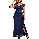 Miusol Women's Plus Size Floral Lace Off Shoulder Side Split Formal Evening Party Maxi Dress