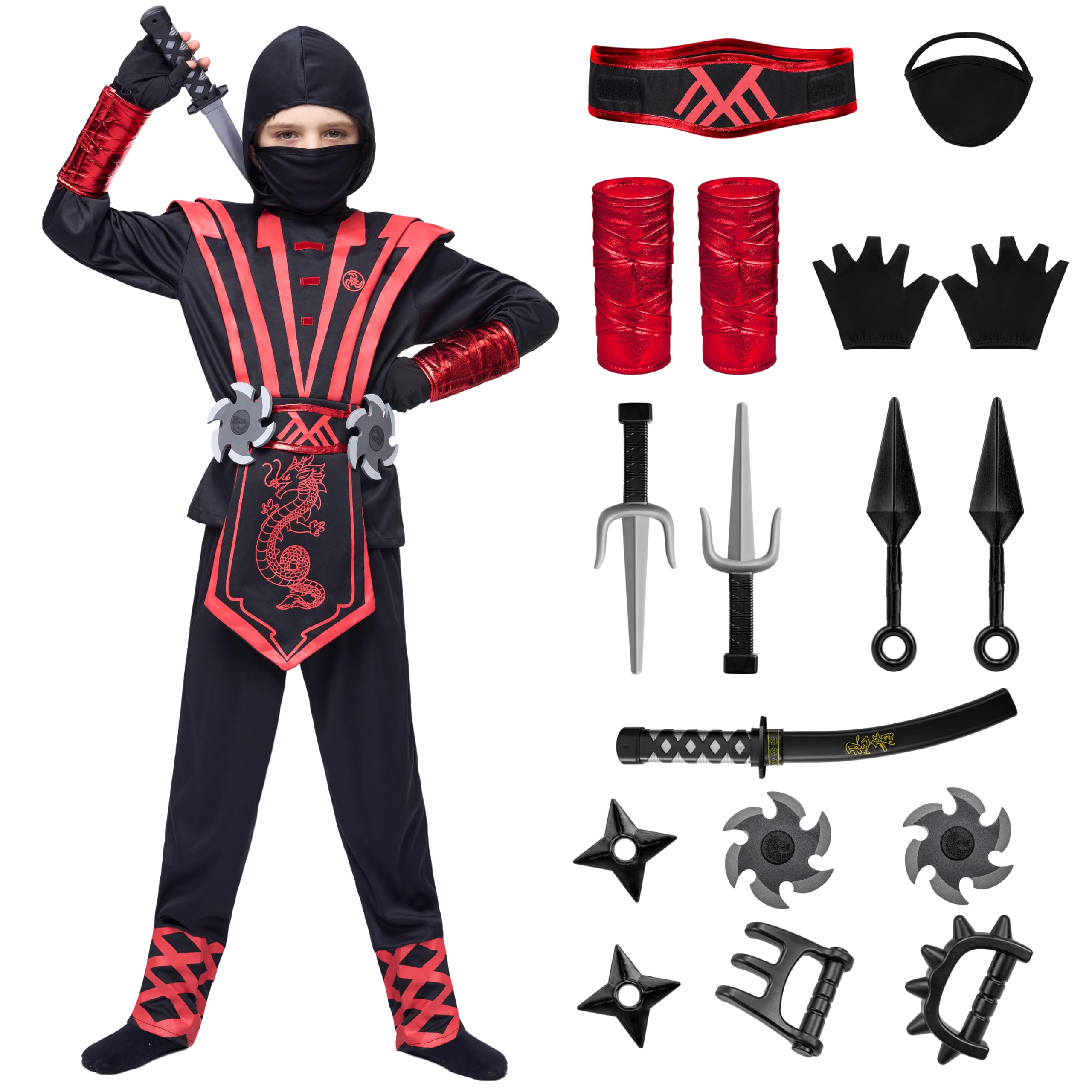 Spooktacular Creations Red Ninja Deluxe Costume Set with Ninja Foam Accessories Toys for Kids Kung Fu Outfit Halloween Ideas