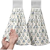 Kwlegh Blue Green Floral Summer Hanging Kitchen Towels Vintage Flowers Hand Towel with Hanging Loop Farmhouse Decorative Bath Tie Towels Soft Absorbent Fingertip Dish Cloth Set of 2
