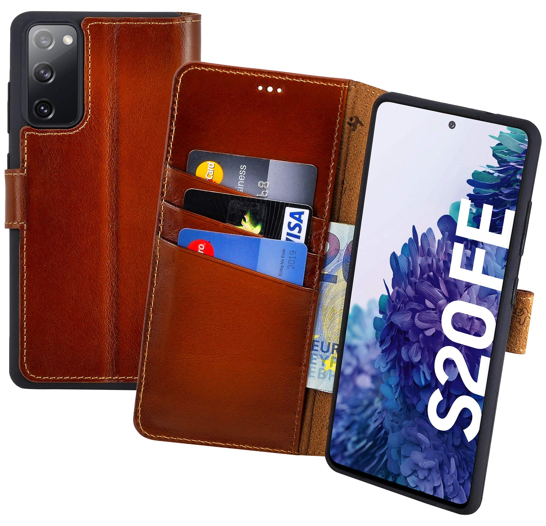 Book-style case compatible with Samsung Galaxy S20 FE leather case (slim-fit) leather case cell phone case protective case with 3 card slots in burnt cognac
