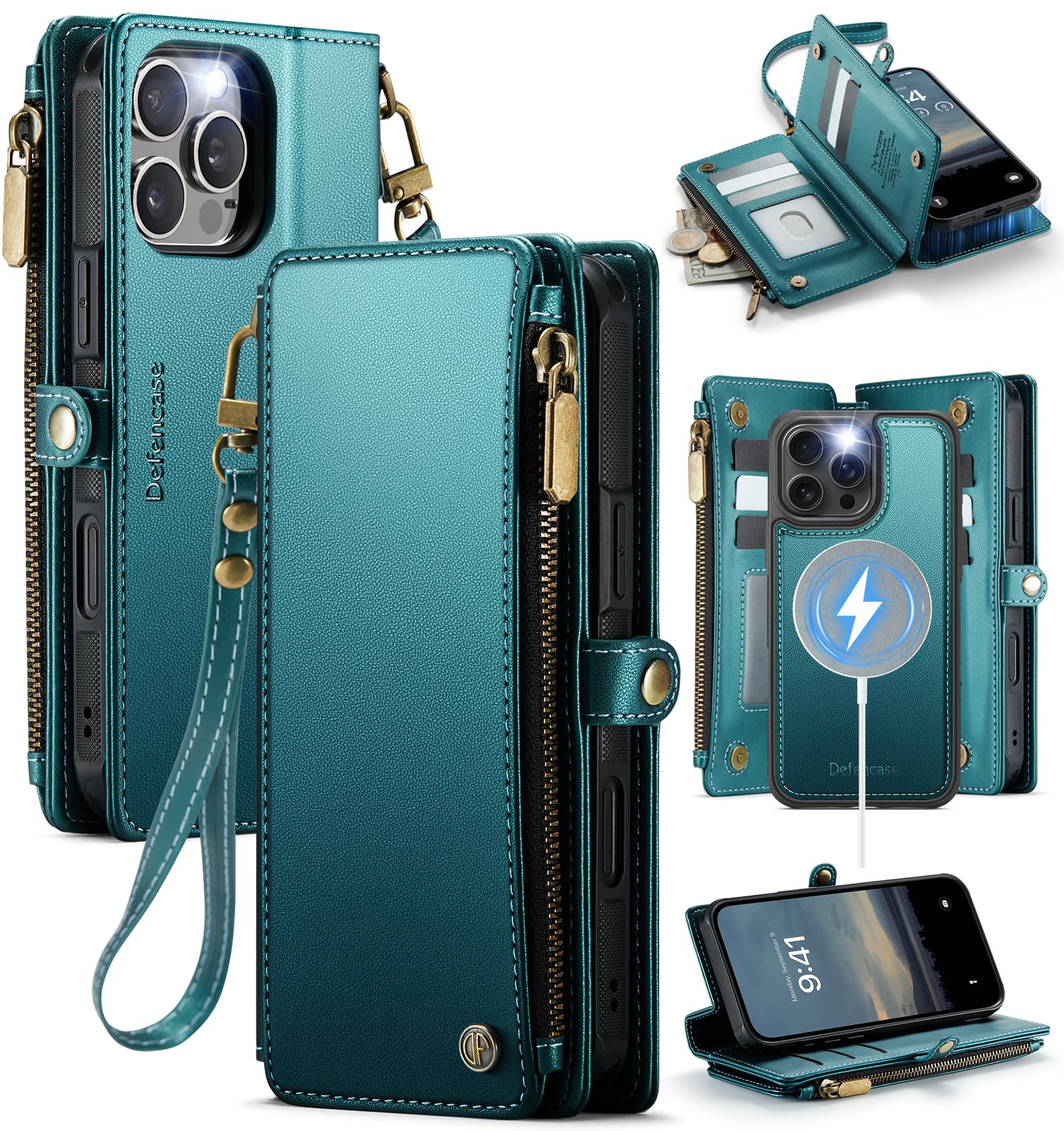 Photo 1 of Defencase for iPhone 16 Pro Max Magnetic Wallet Case Compatible with Magsafe with RFID Blocking Zipper Strap Card Holder for Women PU Leather Detachable Case for iPhone 16 Pro Max (6.9"), Blue Green
