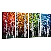 iKNOW FOTO 4pcs Large 4 Seasons Canvas Birch Tree Wall Art Modern Branches Oil Painting Falls Leaves Picture Landscape Prints for Living Room Bedroom Home Office Decor Each Panel 16x32inch