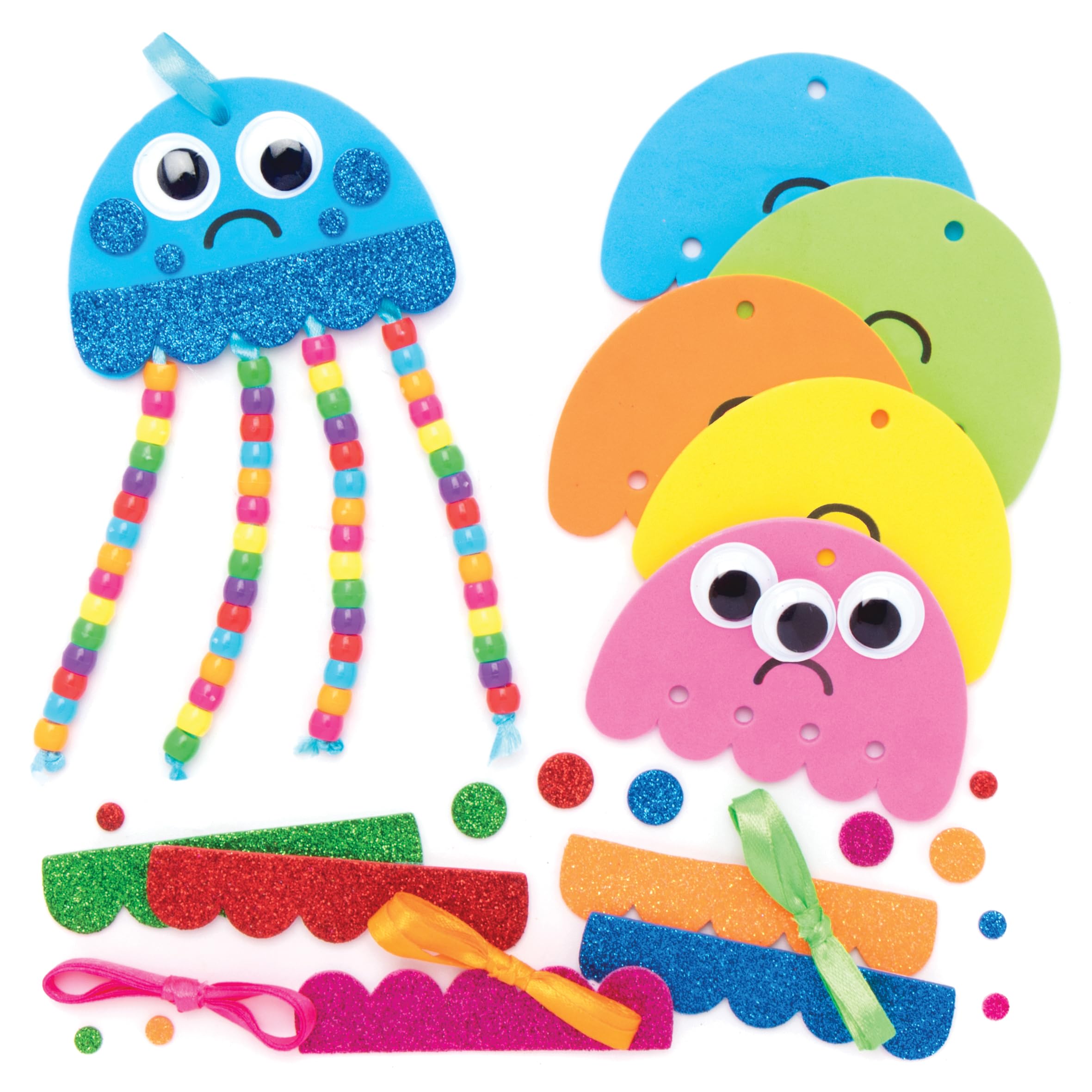 Baker Ross AT937 Design Your Own Jellyfish Bead Decoration Kits, (Pack of 5), Assorted,Yellow,Orange,Blue,Green,Red,Pink,Purple