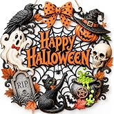 Halloween Door Decorations, Wooden Black Cat Pumpkin Wreath for Front Door | Happy Halloween Hanging Decoration for Outdoor Indoor Wall, Entryway, Porch, Home Party and Farmhouse Display