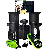 Kids Binoculars 8x21 Black- Child Age 3-12, Shock Proof Compact Real Binoculars Set- High-Resolution Optics Boy & Girl Gift Toy for Bird Watching, Camping- Neck Strap, Compass, Carabiner, Case