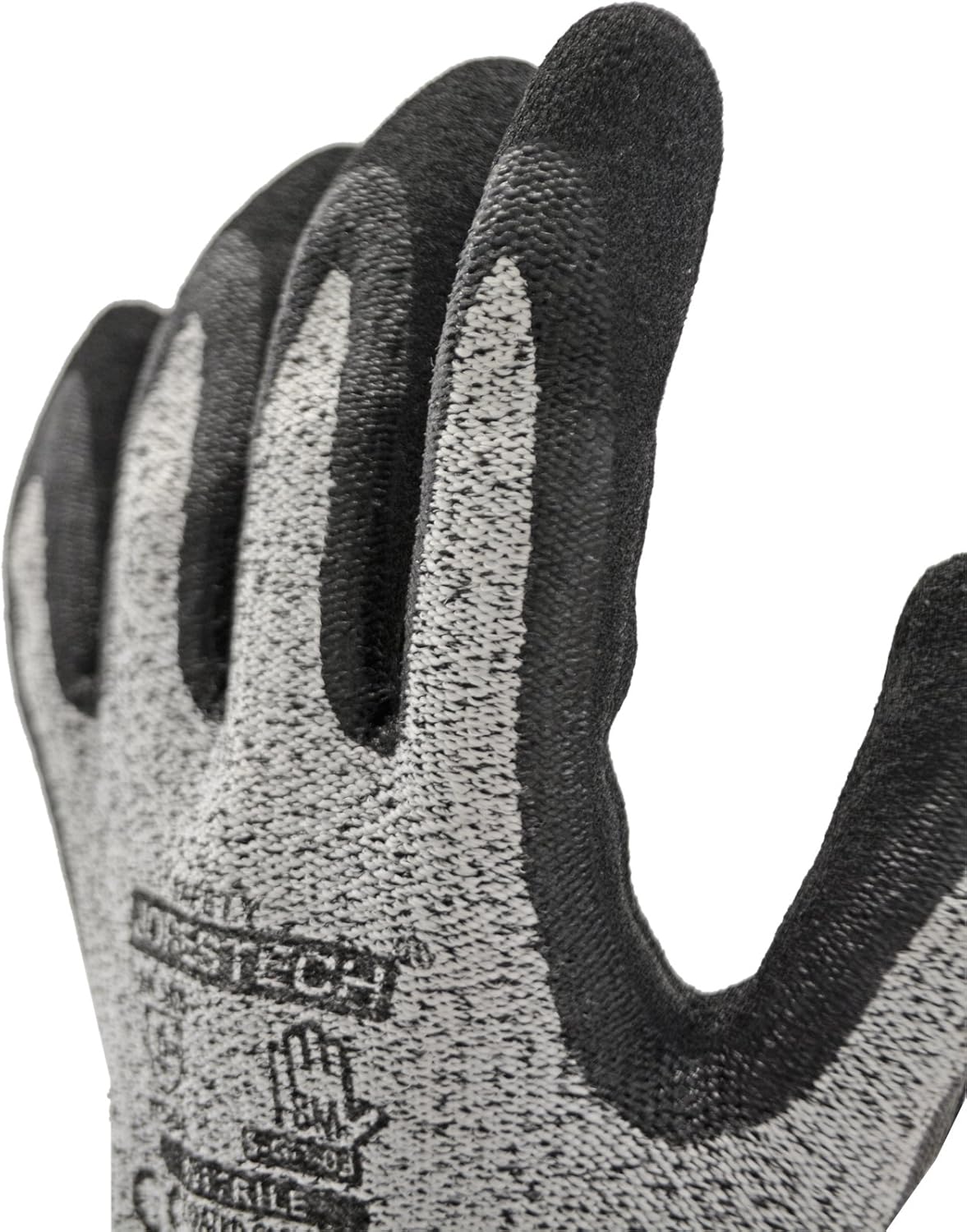 JORESTECH Safety Work Gloves Grey HPPE Knitted Fiber with Black Nitrile Sandy Finish Coating EN-388 Level 5 Pack of 12 GD-03 (Size 9-L) - - 