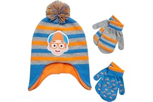 Blippi Toddler Boys' Winter Hat Set: 3 Piece Fleece Lined Ear Flap Beanie and 2 Pairs of Mittens