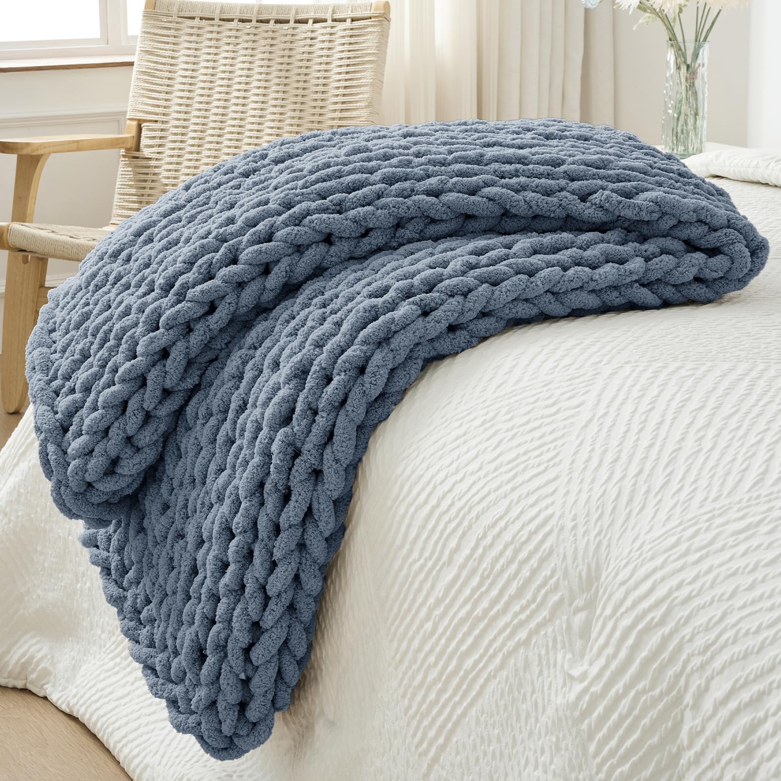 Photo 1 of Bigacogo Chunky Knit Throw Blanket for Couch, 40x60 inches, 100% Hand Knitted with Thick Jumbo Chenille Yarn, Cozy Soft Large Rope Knot Cable Crochet Blankets for Sofa Bed Living Room, Cold Sea Blue