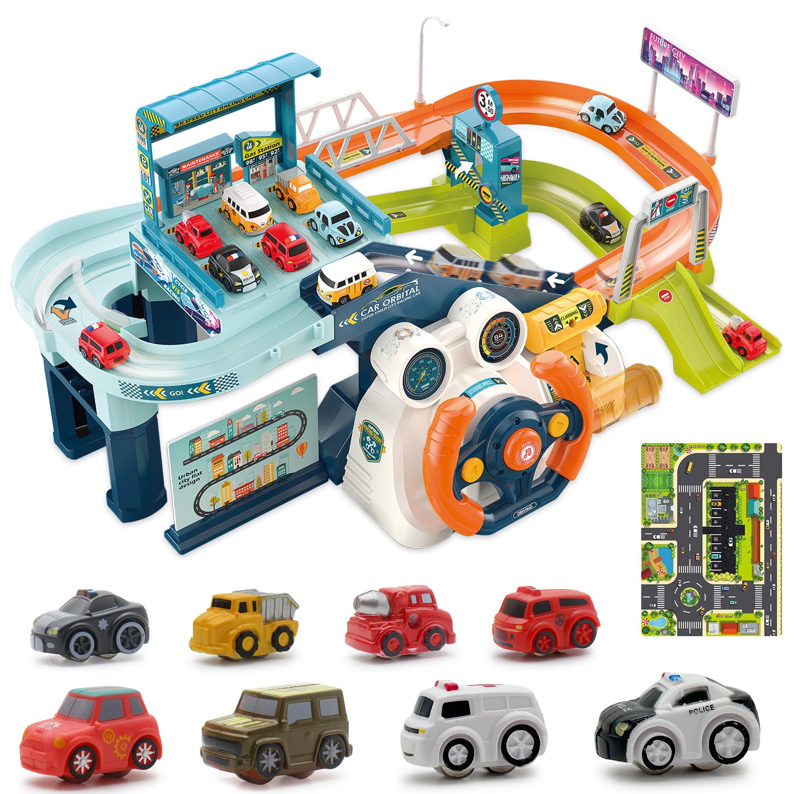 Photo 1 of Fistone Kids Race Tracks for Boys Car Adventure Toys, Car Tracks Playsets Musical Steering Wheel Race Track Toys Games for Toddlers, Educational Toy Vehicle Playset for 3-5 Year Old Kids