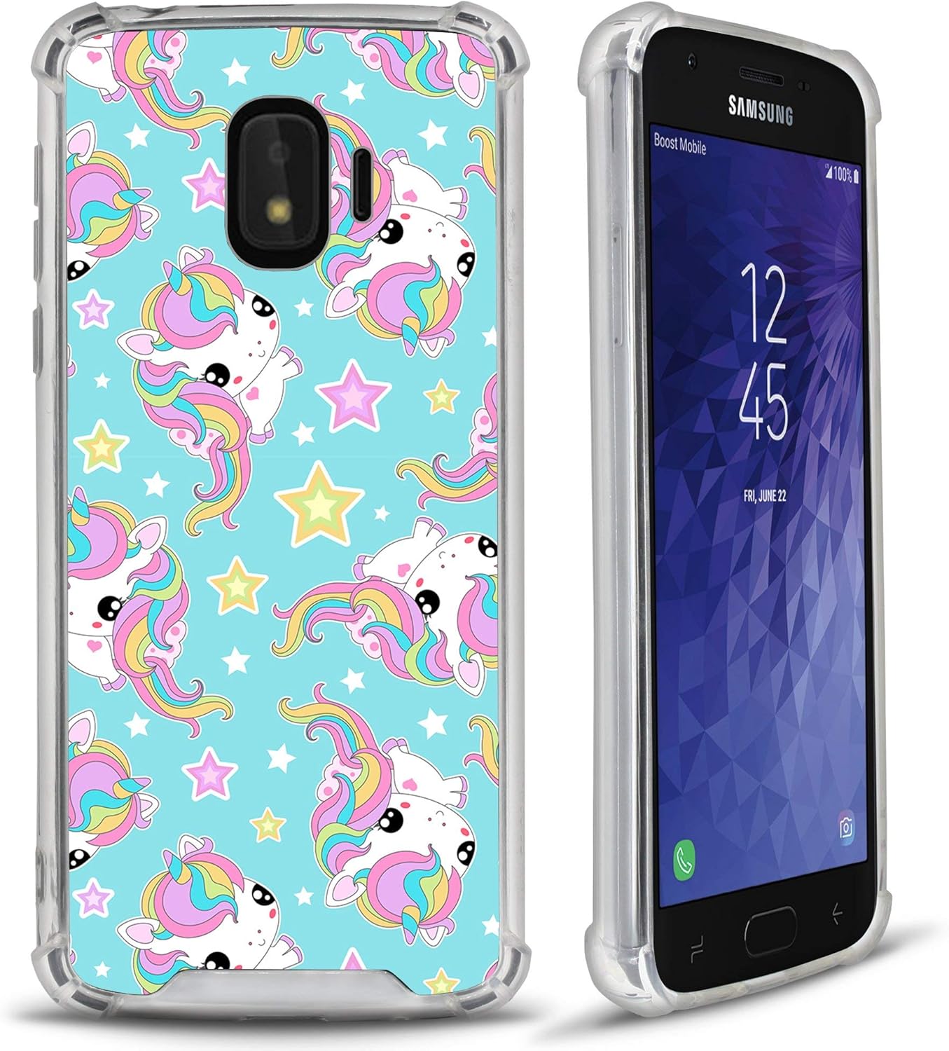 CasesOnDeck Case Compatible with [Samsung Galaxy J2 Core / J2 Dash/ J2 Pure/ J2] J2 Case, Slim Transparent Flexible TPU Cover with Bump and Drop Corner Protection (Unicorn Stars)