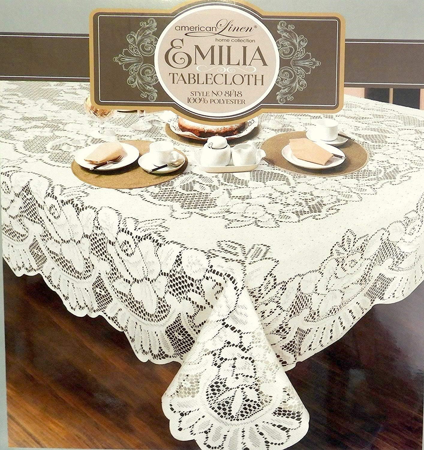 American Collection White Lace Emilia Tablecloth Machine Washable Ideal For Formal Dinner Parties (54" x 72") Brand change to:American Collection