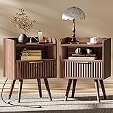 Huuger Nightstand with Charging Station, USB-C Port, Fluted Night Stand Set of 2, Bed Side Table with Drawer, Solid Wood Feet, Open Storage, End Table with Raised Edge, for Bedroom, Walnut