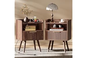 Huuger Nightstand with Charging Station, USB-C Port, Fluted Night Stand Set of 2, Bed Side Table with Drawer, Solid Wood Feet, Open Storage, End Table with Raised Edge, for Bedroom, Walnut