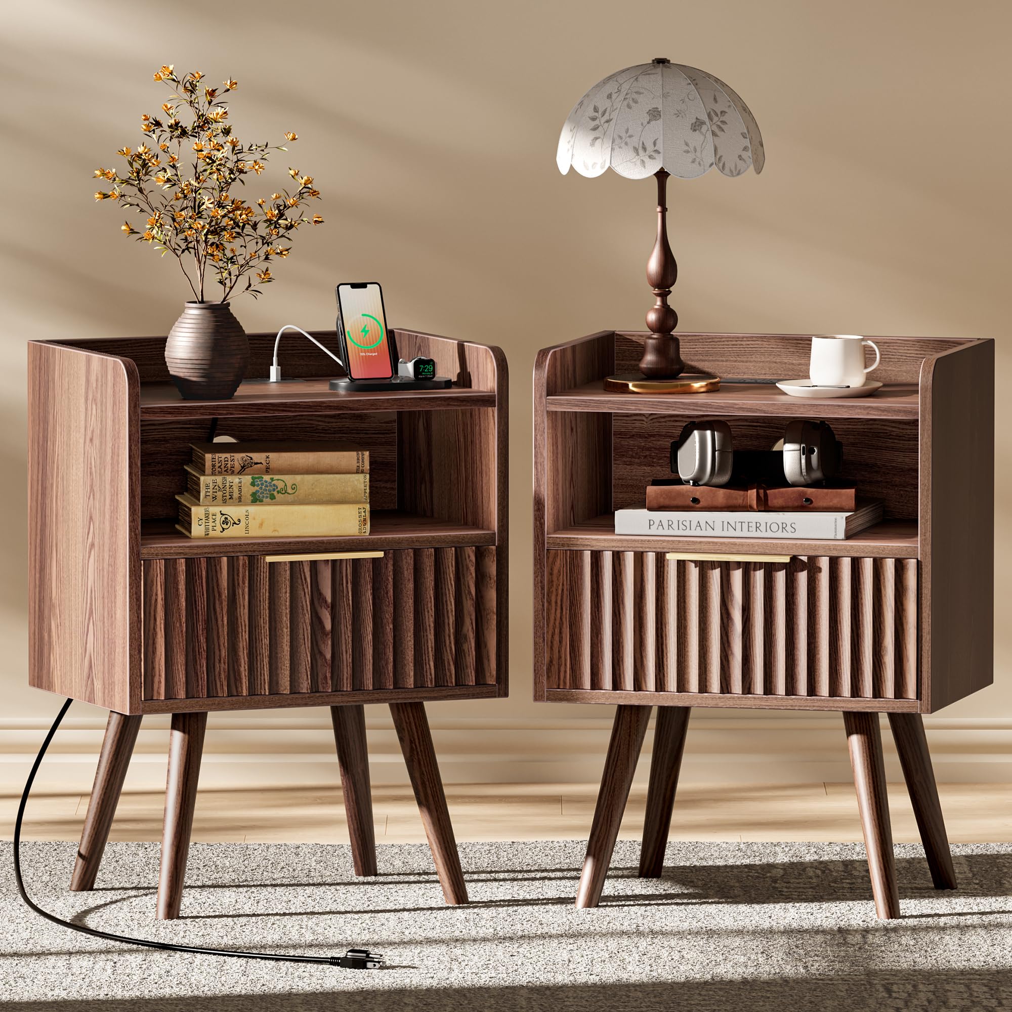 Photo 1 of **FINAL SALE, SEE NOTES**Huuger Nightstand with Charging Station, USB-C Port, Fluted Night Stand Set of 2, Bed Side Table with Drawer, Solid Wood Feet, Open Storage, End Table with Raised Edge, for Bedroom, Walnut