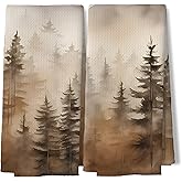 BUJSP Farmhouse Mountain Forest Kitchen Dish Towels Set of 2, Rustic Pine Tree Mountain Nature Hand Towels for Cabin Lodge Camper Nursery Kitchen Bathroom Decor, 16x24 Inch