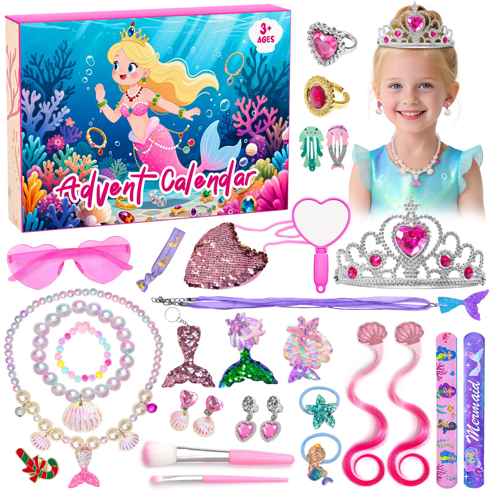 Advent Calendar 2025 Girls Mermaid Toy Set Surprise Box for Girls Mermaid Princess Jewellery Accessories Christmas Countdown Gifts Stocking Stuffers for Kids