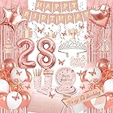 Rose Gold 28th Birthday Decorations, Happy 28th Birthday Decorations for Women Girls, Birthday Party Packs with Rose Gold Banner, Number 28 Balloons, Sash, Crown, Tablecloth, Dinnerware for 10 Guests