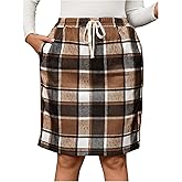 MakeMeChic Women's Plus Size Skirt Plaid Print Drawstring High Waisted Short Skirts with Pocket