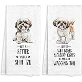 Fewgb Shih Tzu Kitchen Towel Gifts for Dog Lovers Decorative Set of 2, Shih Tzu Dish Towels Dishcloths Tea Towels, Shihtzu Waffle Weave Microfiber Hand Towel for Kitchen Bathroom Decor 16x24