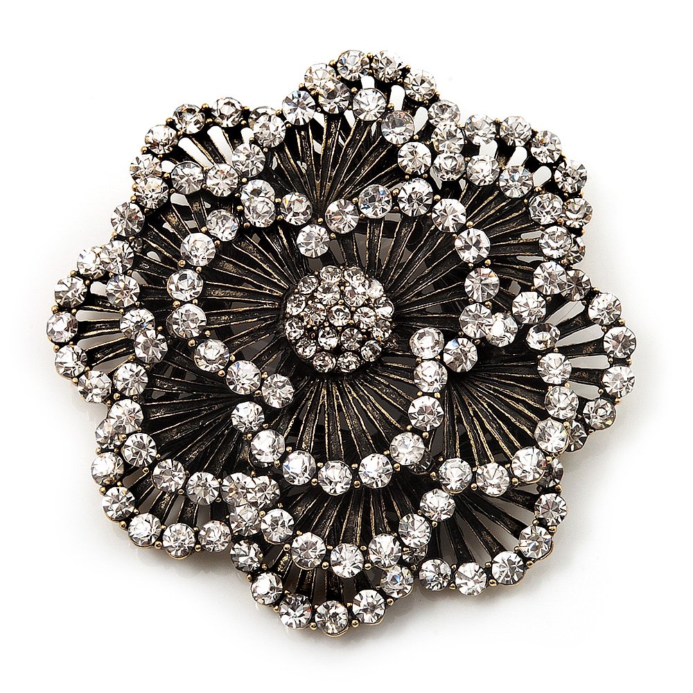 Large Vintage Dimensional Diamante Flower Brooch (Bronze Tone Metal)