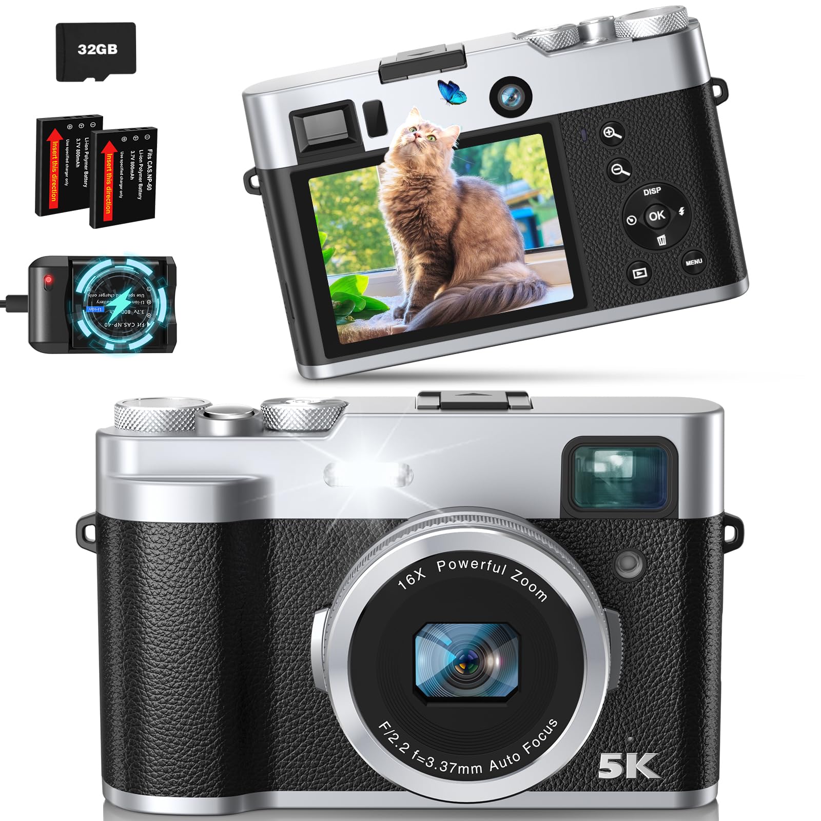 Fulealfly 5K Digital Camera with 48MP Dual Lens, Viewfinder, Autofocus, Flash, Selfie, 32GB Card & Charger, Silver Black