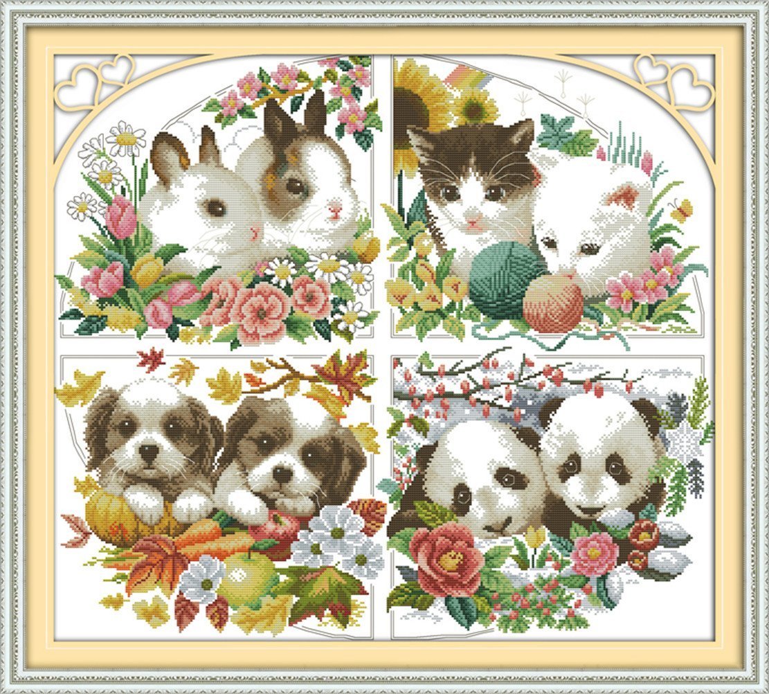 YEESAM ART Unstamped Cross Stitch Kits for Adults, Four Seasons Animal 14ct Counted Unprinted Embroidery Kit Needlework Wall Art Decor