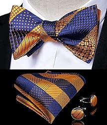 DiBanGu Blue and Gold Bow Ties for Men Plaid Bow
