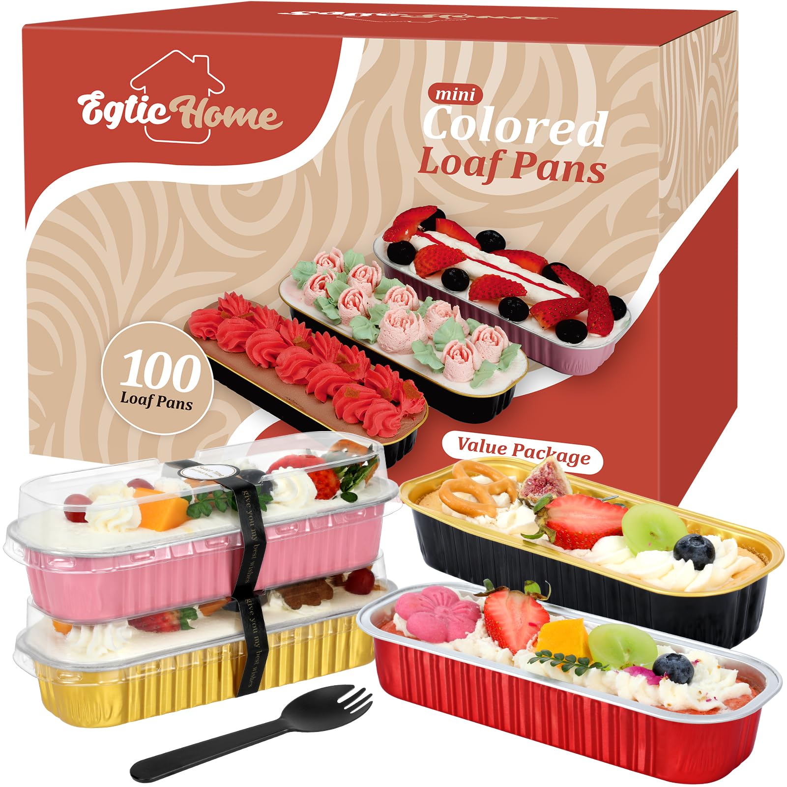 Photo 1 of ***MISSING PARTS***
EgticHome Mini Loaf Pans with Lids and Spoons (100 Pack, Mixed color, 6.8oz) Rectangular Aluminum Foil Baking Pans