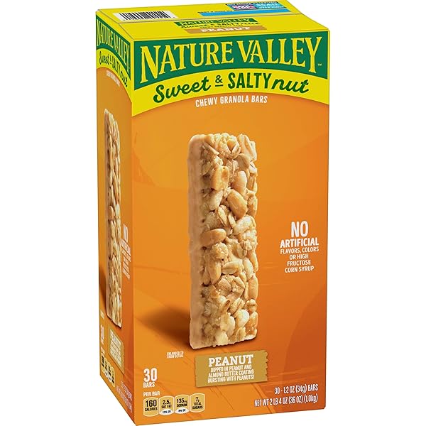 NATURE VALLEY SWEET & SALTY PEANUT CHEWY GRANOLA BARS BULK 30 COUNT, 36 OZ BOX, NO ARTIFICIAL FLAVORS COLORS OR HIGH FRUCTOSE CORN SYRUP, MORNING SNACK BARS, ADVENTURE READY