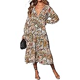 R.Vivimos Women's Fall Floral Print Midi Dress 2026 Long Sleeve V Neck Casual Loose Ruffle Tiered Flowy Dress