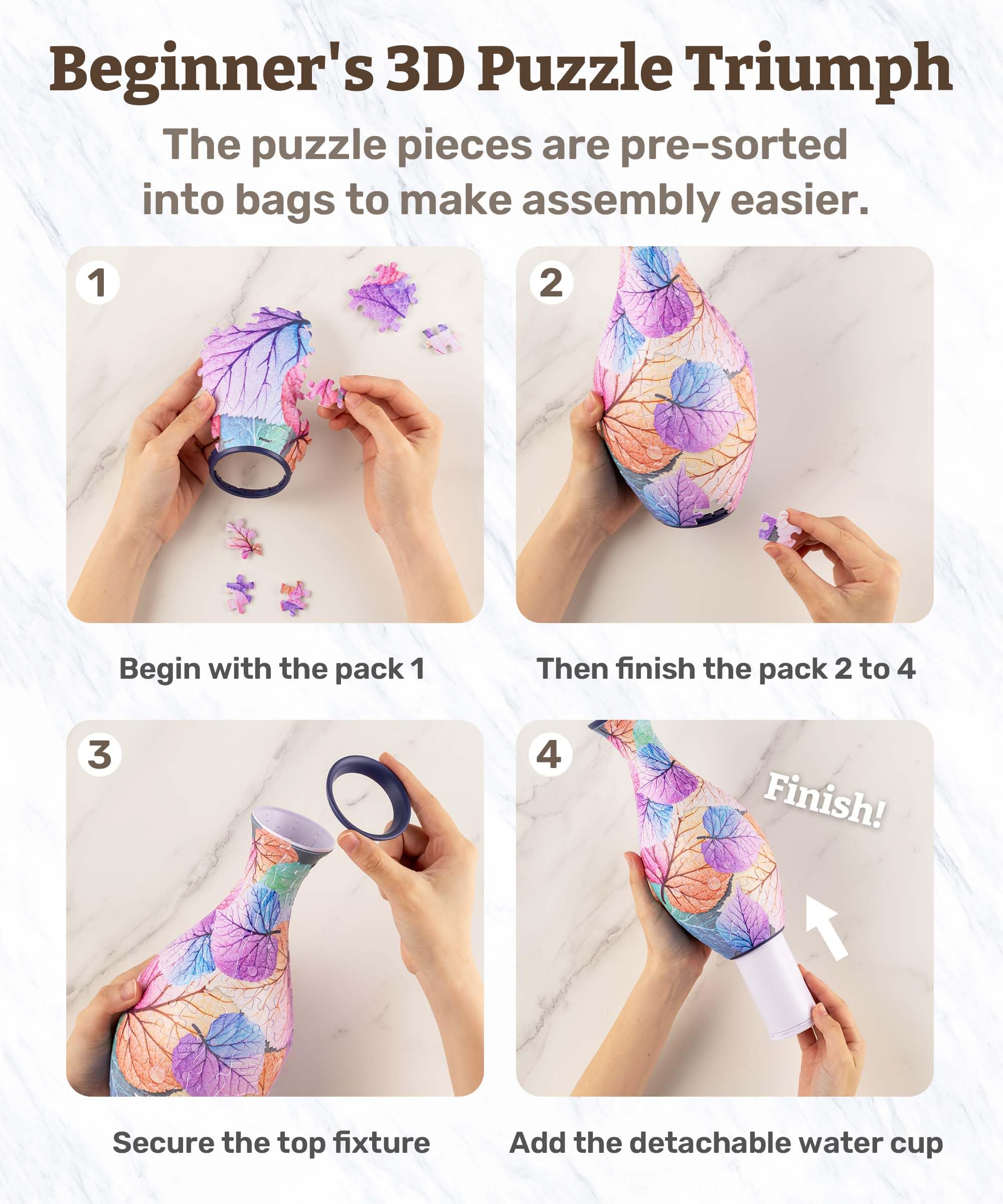 Pintoo 3D Puzzle Vase Unique Flower Vase Made by 160 Curved Plastic Puzzle Pieces House Warming Gift for Flower Arrangements and Home Decoration - [S1035] (Translucent, Flowers and Birds)