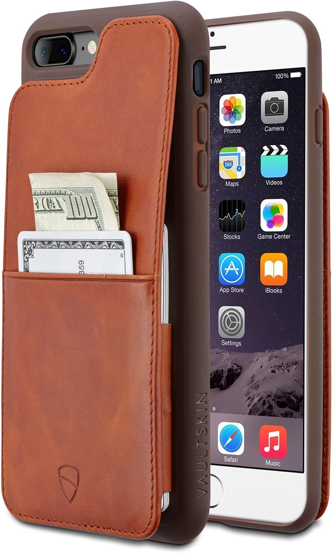 VaultskinVaultskin iPhone 7/8 Plus Wallet Case, ETON ARMOUR for iPhone 7/8 Plus (5.5) Slim Minimalist Bumper Case for Cards and Cash, Genuine Leather - Holds up to 10 Cards (iPhone 7/8 Plus, Cognac)