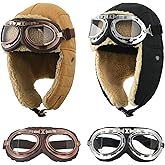 JaGely 4 Pcs Pilot Hat and Goggles Flight Costume Accessories Pilot Helmet Cap with Ear Flaps Hat Adults Winter (Black, Khaki)