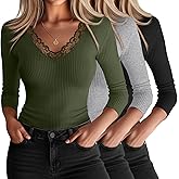 Oakgarden 3 Pack Women's 3/4 Sleeve Lace Tops V Neck Cotton Ribbed Sexy Shirts Slim Fit Going Out Top Y2k Casual T-Shirts