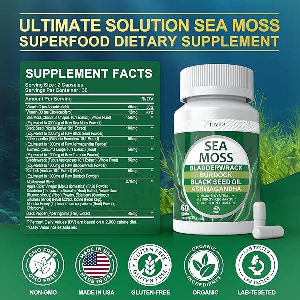 VIBVITA SEA MOSS BLACK SEED OIL CAPSULES – SUPPLEMENTS WITH SEAMOSS, ASHWAGANDHA, BURDOCK ROOT, GINGER & MULTIMINERAL FOR IMMUNE & DIGESTIVE SUPPORT, IMPROVE ENERGY FOR MEN & WOMEN – 60 CAPSULES