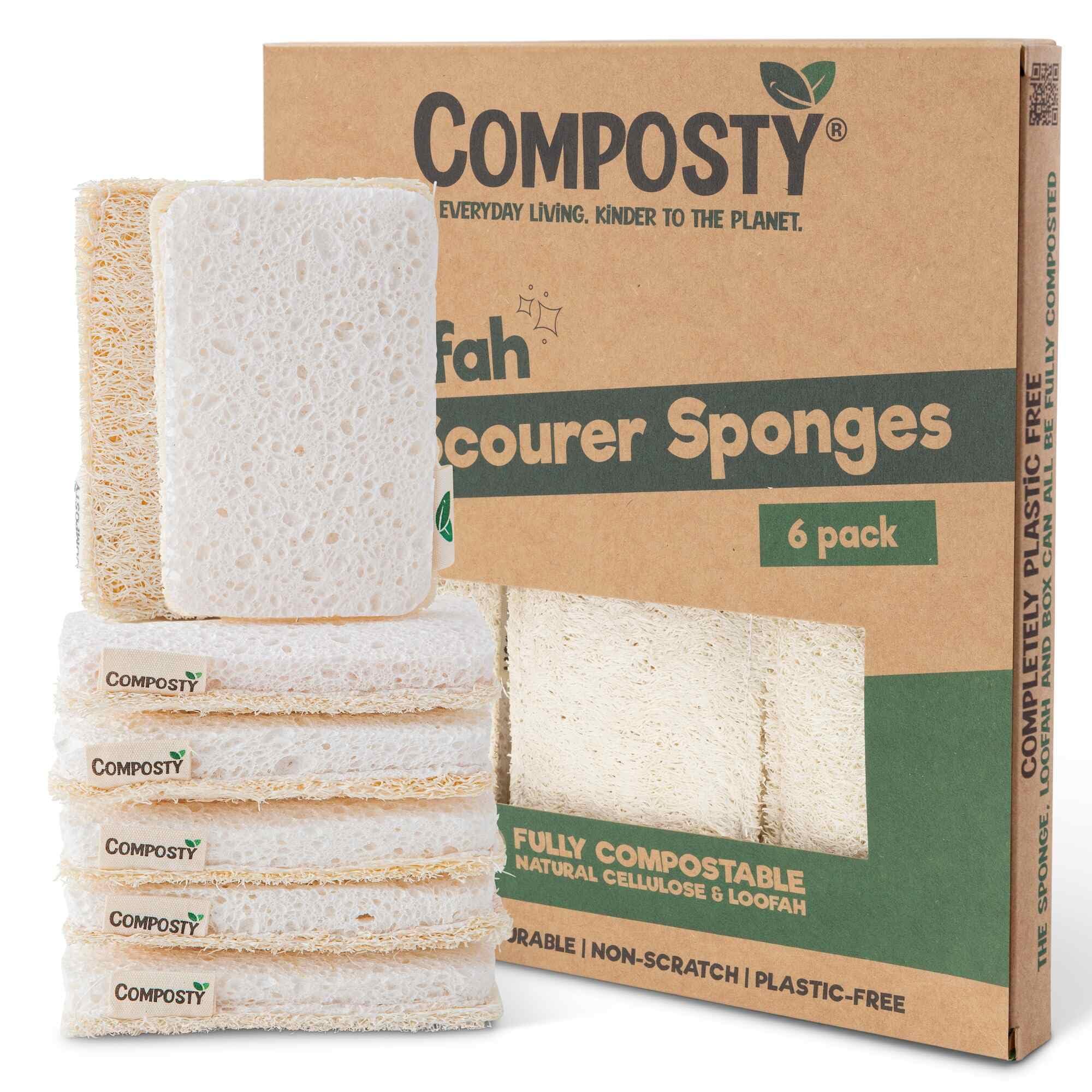 Composty Loofah Sponges Washing Up | Award Winning | 6 Pack | Eco Kitchen Sponge | Non Scratch Scourers | Compostable & Plastic Free | Cellulose Dish Sponge | Biodegradable Household Cleaning Pads
