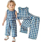 NANCHNEGGU 2PCS Infant Baby Girls Sleeveless Tank Top Floral Plaid Ruffle Vest + Plaid Floral Pants Outfits Sets