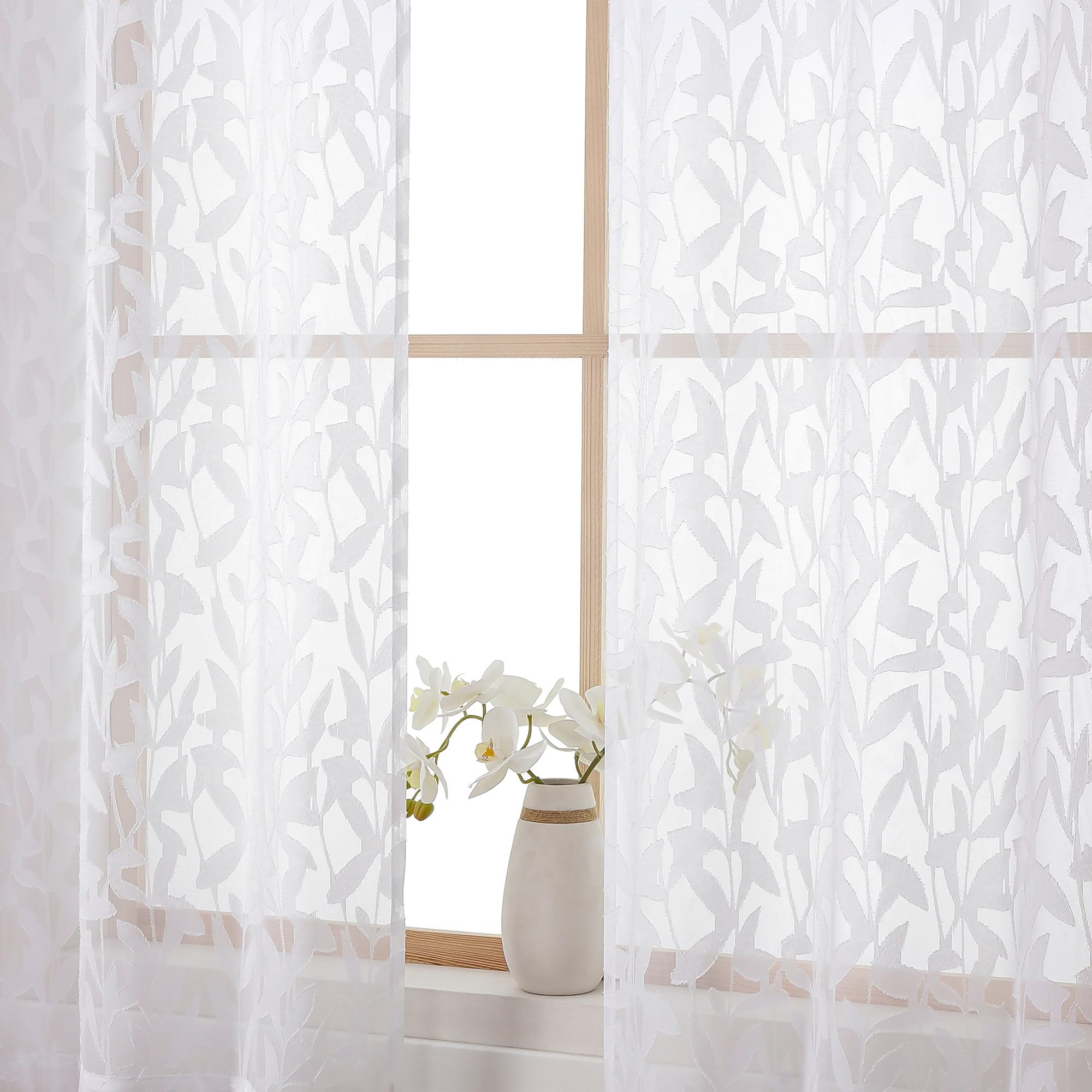 Photo 1 of OWENIE Leyna Sheer White Curtains 84 Inches Long for Living Room Bedroom 2 Panels Set, Modern Clip Jacquard Leaves Textured Light Filtering Curtains, Double Rod Pockets Window Drapes, 40Wx84L Inch