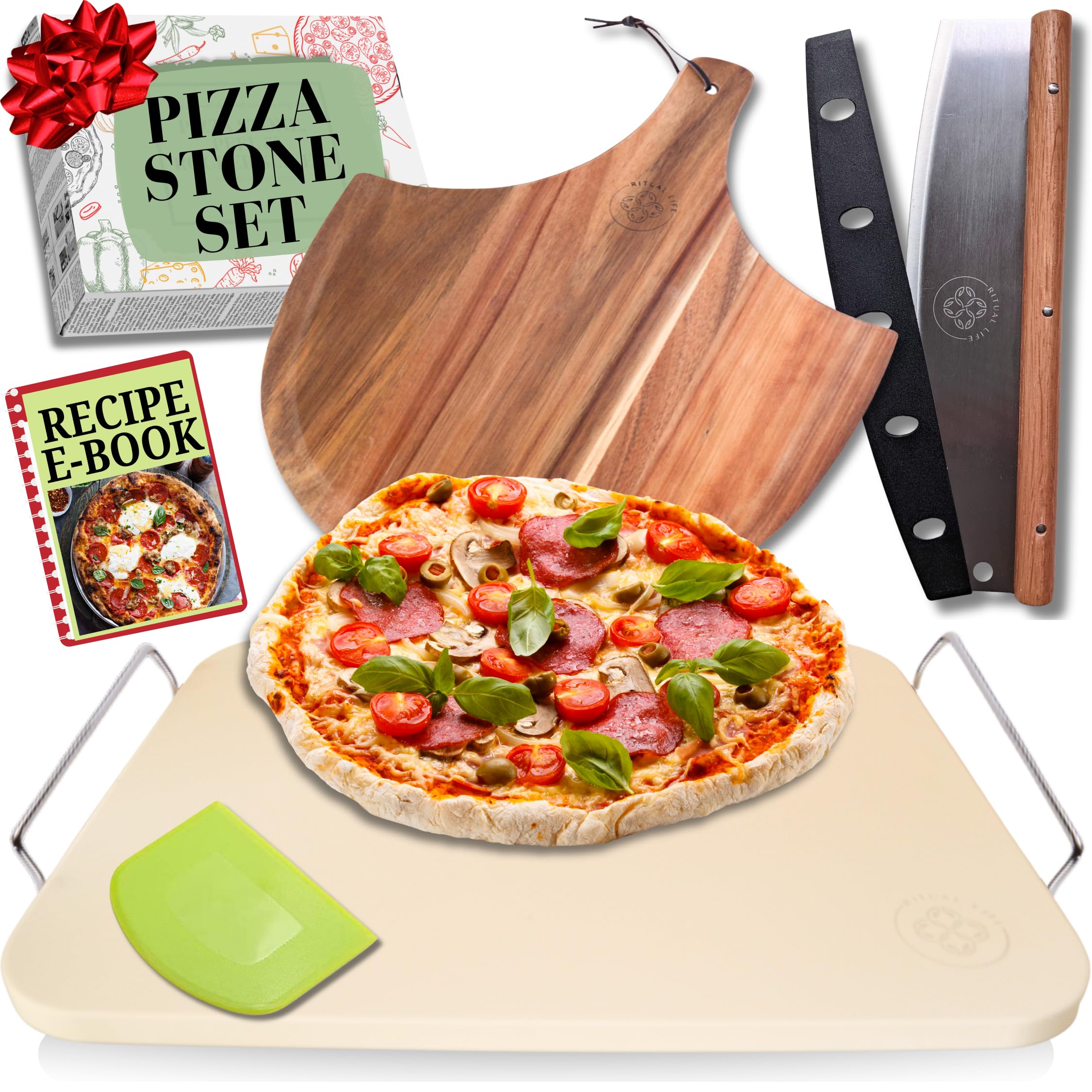 Photo 1 of Pizza Stone for Oven and Grill Set - 5PCS Pizza Making Accessories Kit - 15 inch Pizza Stone with Handles, Pizza Peel, Pizza Cutter, Dough Tool - Baking Stone for Bread - Large Rectangular Oven Stones