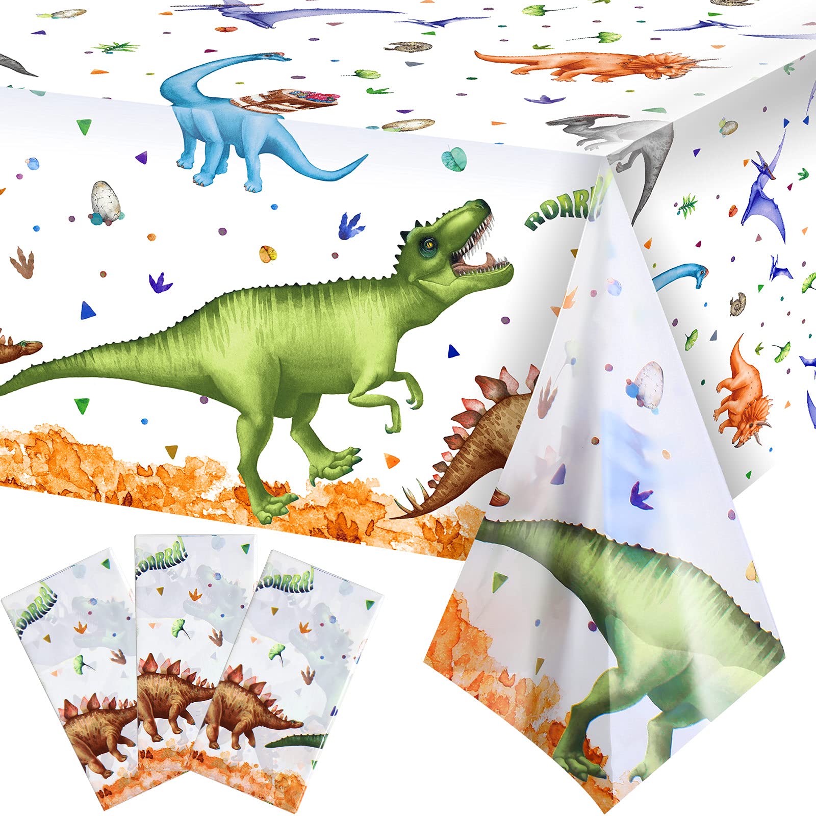 Watercolor Dinosaur Party Tablecloth Plastic Dinosaur Birthday Table Cover Decoration Disposable Dino Print Table Cloth for Birthday Dino Theme Party Baby Shower Picnic 54 x 108 Inch (3 Pieces)