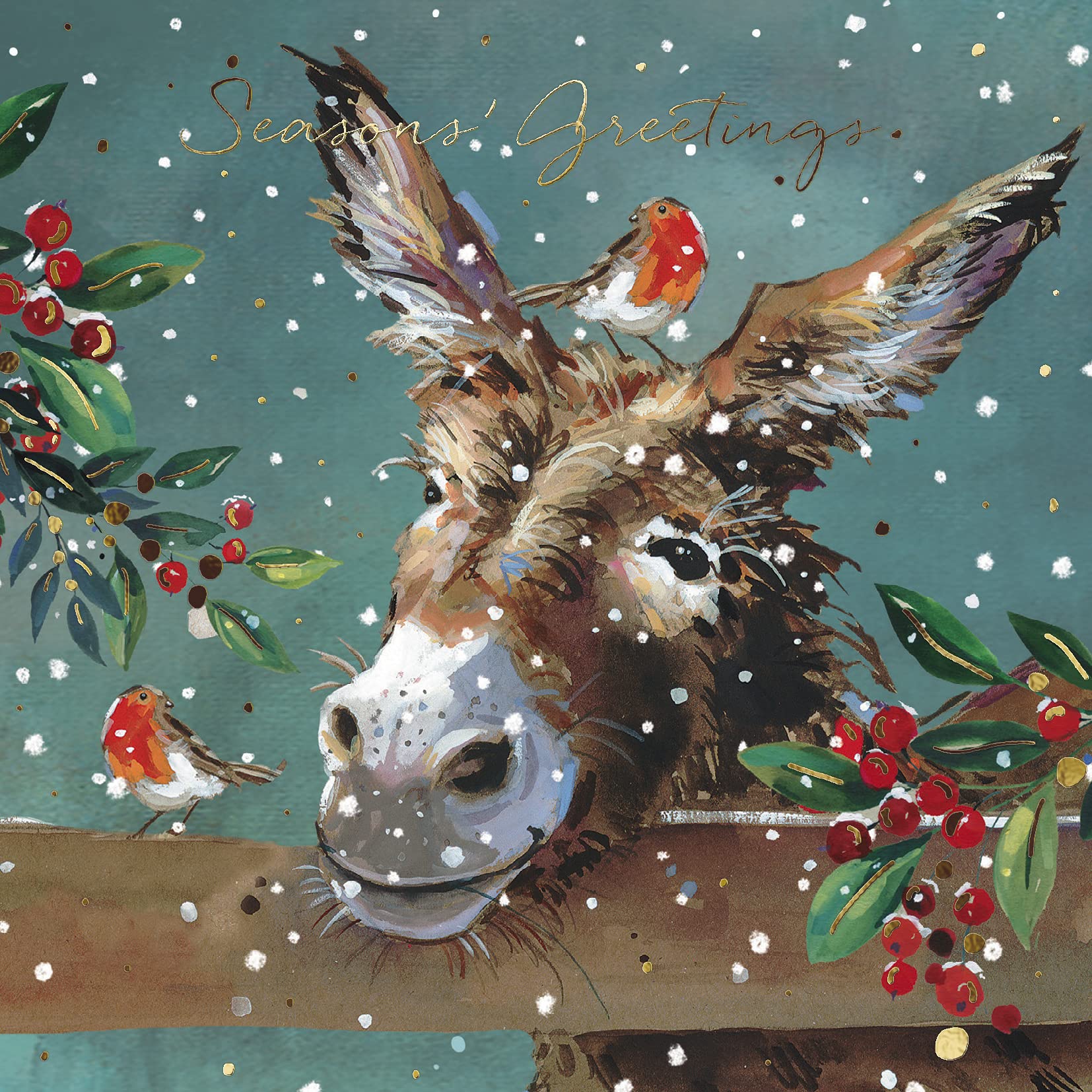 Ling Design Charity Christmas Cards Pack of 6 - Donkey and Robin Design - Foil Finish - Festive Christmas Cards Multipack - In Aid of UK Charities