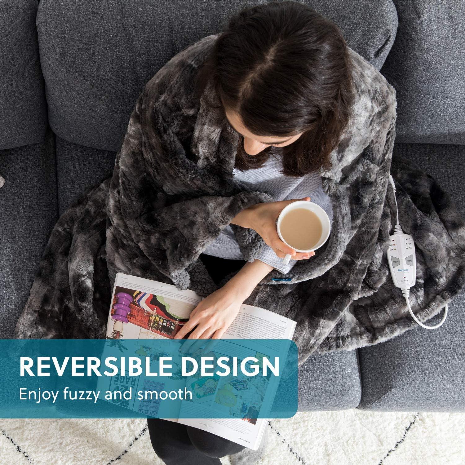 Bedsure Heated Blanket with 3 Heating Settings, 2/4/8H Timer, Auto-Off - Fast Heating Electric Blanket - Low Voltage Super Soft Faux Fur Tie Dye Fleece Throw Blanket, 50×60 Inch, Grey: Kitchen & Dining