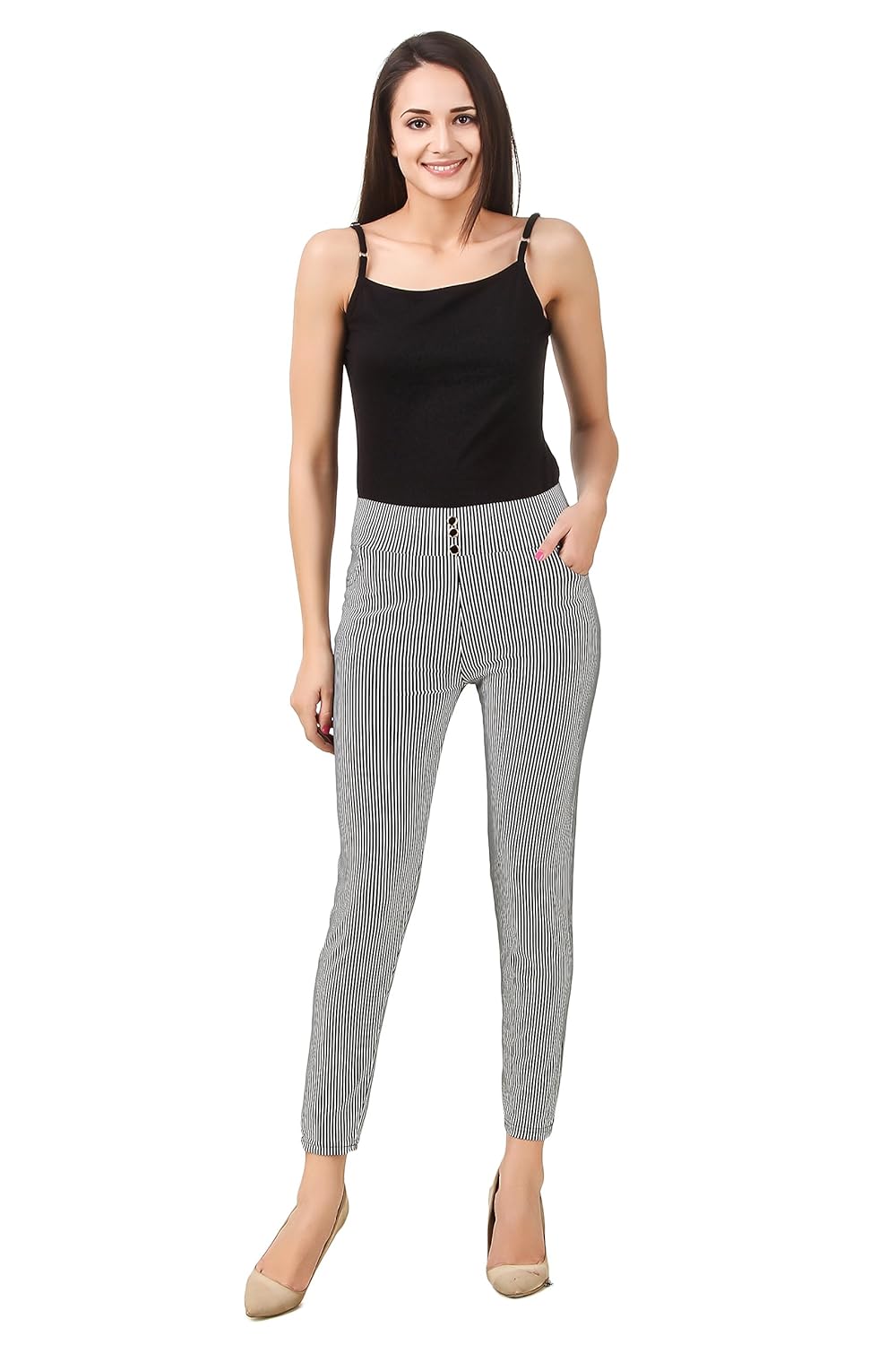 etrendz women's and girl's spandex striped jegging (etl1002_black&white_free size)