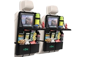 Plzpik Car Backseat Organizer with Tablet Holder,11 Storage Pockets with Foldable Food Tray, Protector Kick Mats for Kids, Travel Accessories Organizer (Black, 1Pack with Food Tray)